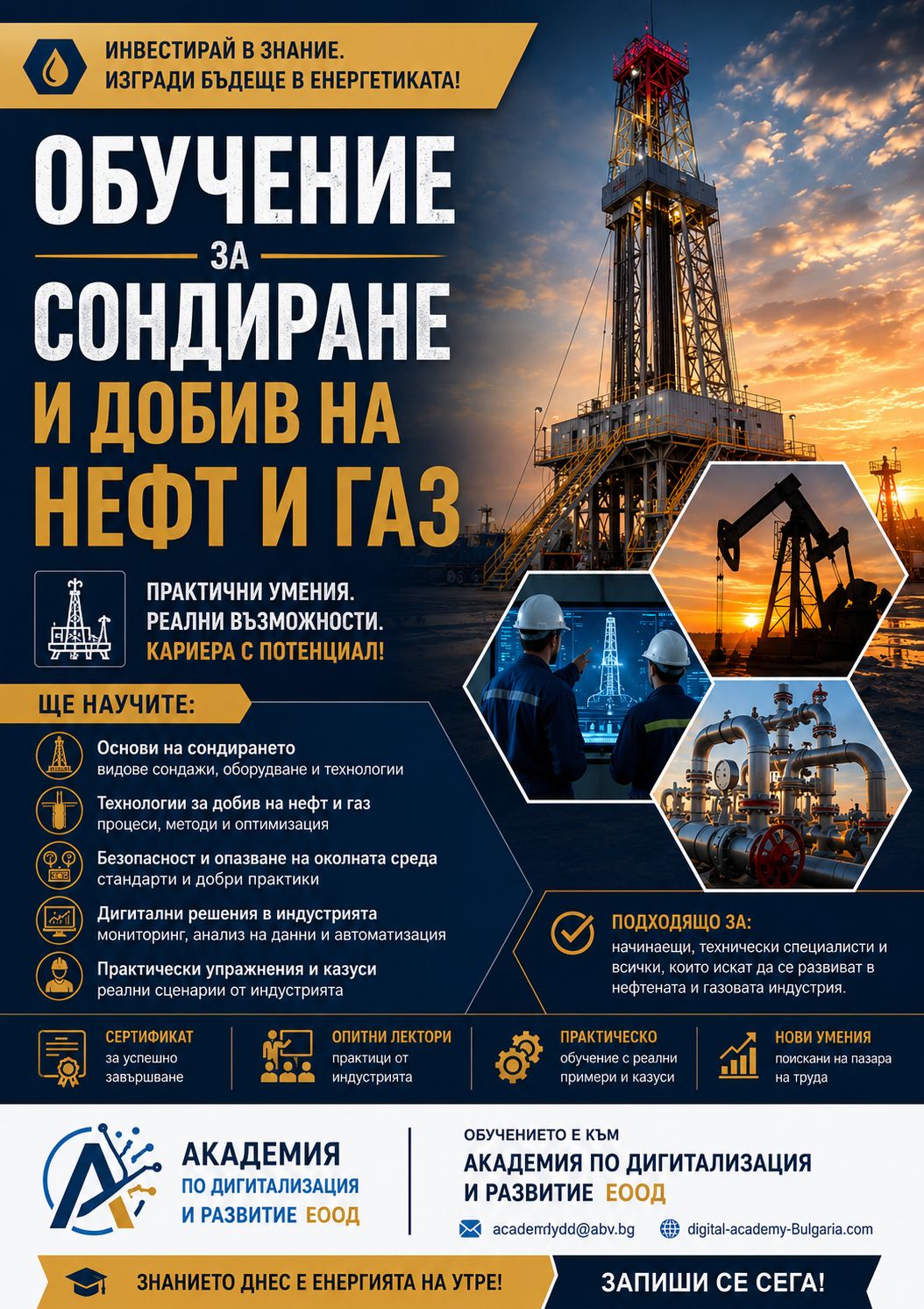 Плакат за онлайн обучение по сондиране и добив на нефт и газ
